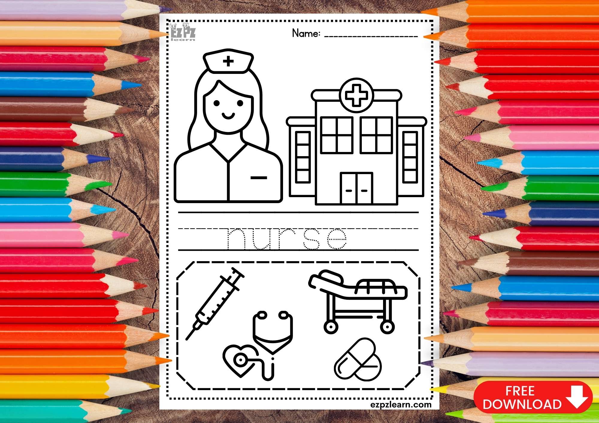 Nurse Coloring and Trace the Word Page Jobs Topic for Kids